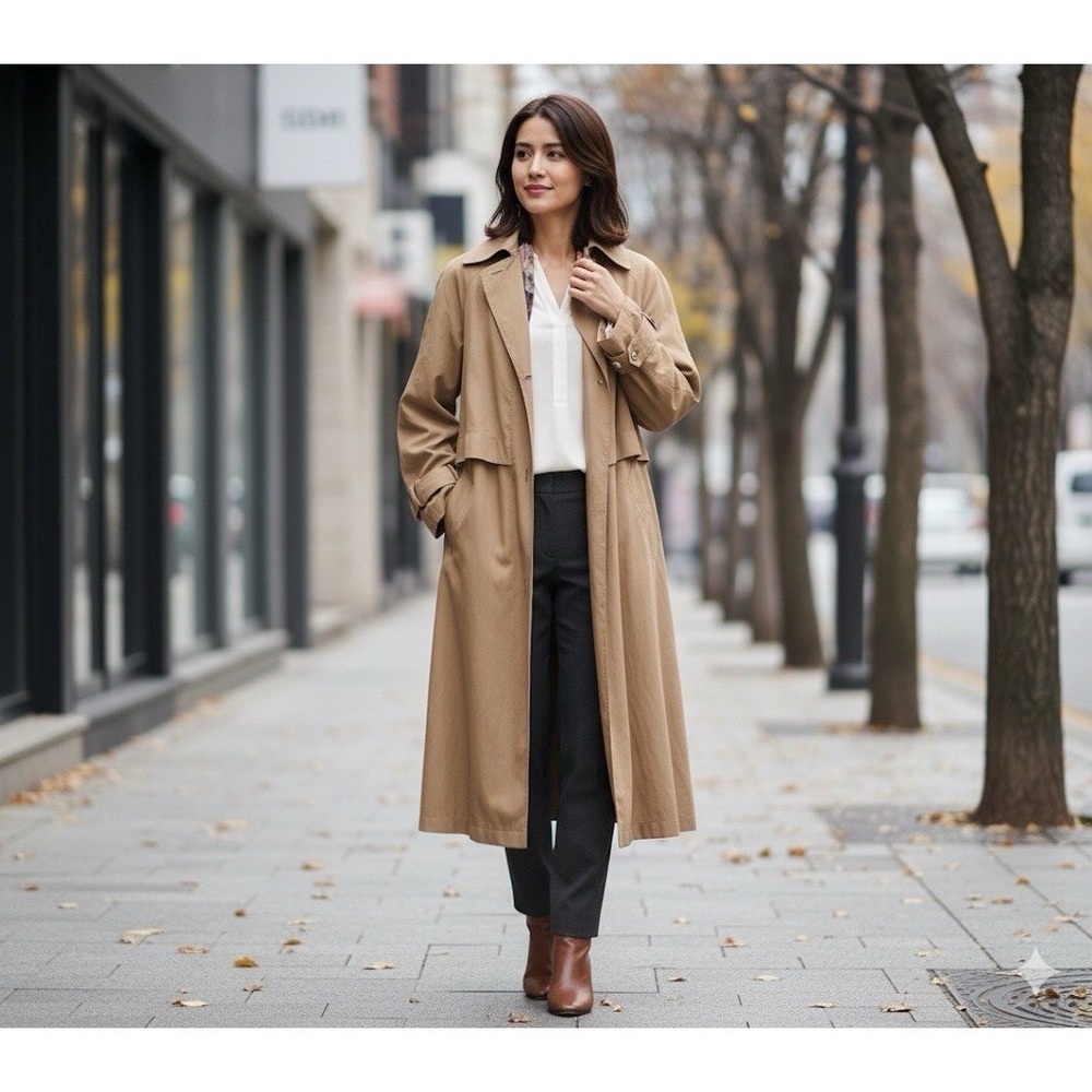 Laura Winston‎ Petite Tan Khaki Longline Trench Coat Back Tie Size 12P